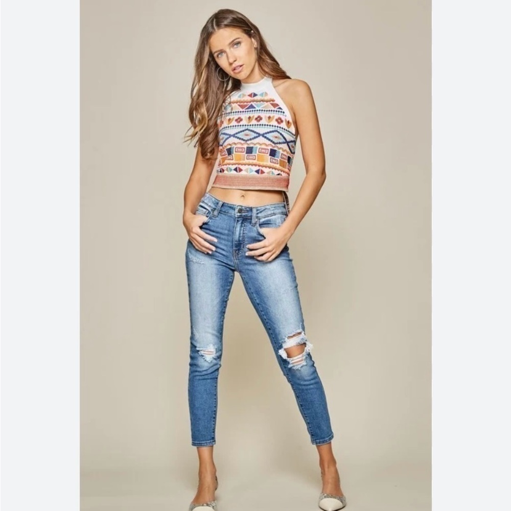 Altar'd States Hippy Bohemian Coastal Beachy Colorful Embroidered Halter, Sz. S